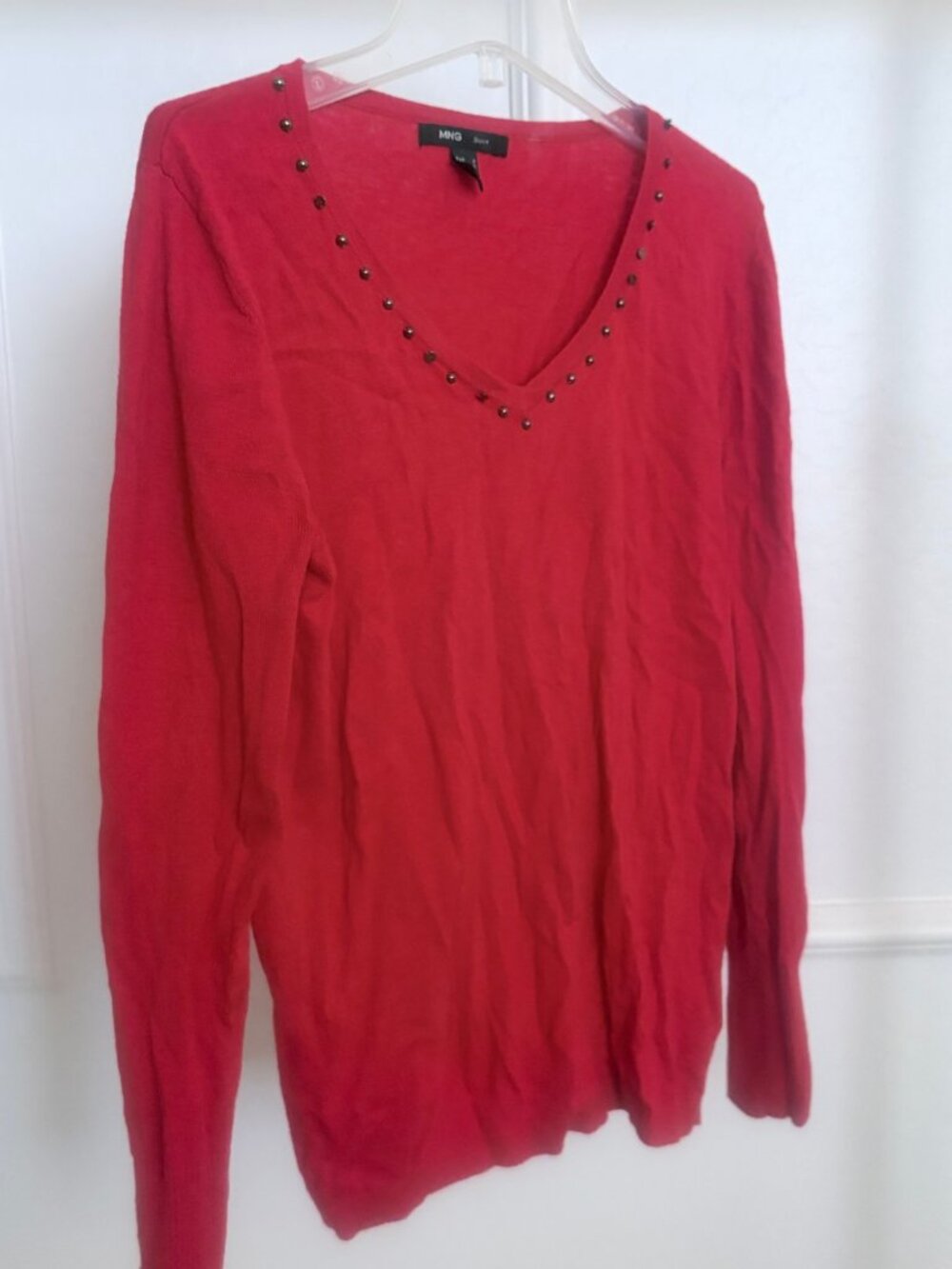 Mango Suit Red Studded V-Neck Sweater - USA XS